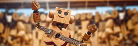 A wooden robot holding a guitar in front of a bunch of bananas. Generative AI image.の素材