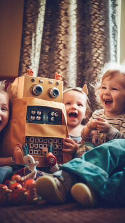 A group of children sitting on top of a bed. Generative AI image.の素材