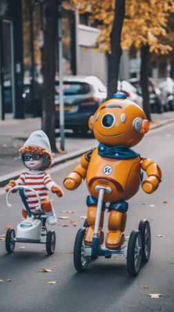 A small child riding a tricycle next to an orange robot. Generative AI image.の素材
