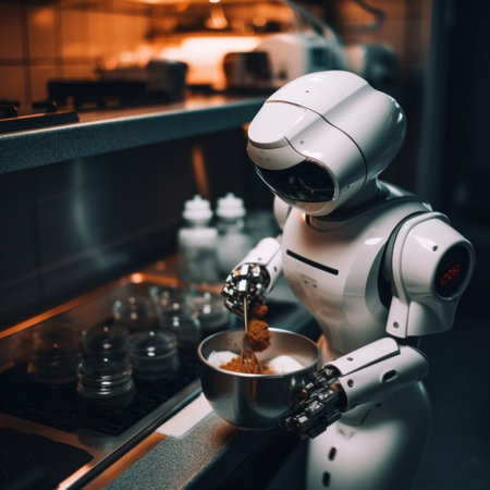 A robot that is pouring something into a bowl. Generative AI image.の素材