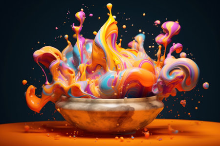 A bowl filled with colorful liquid pouring out of it. Generative AI image.の素材