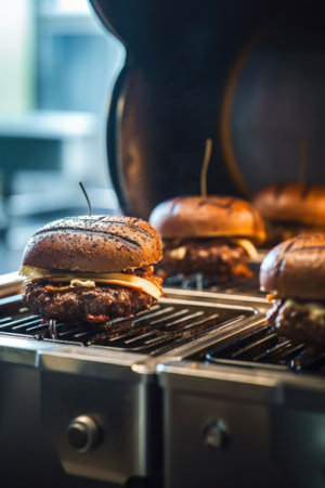 A couple of hamburgers sitting on top of a grill. Generative AI image.の素材
