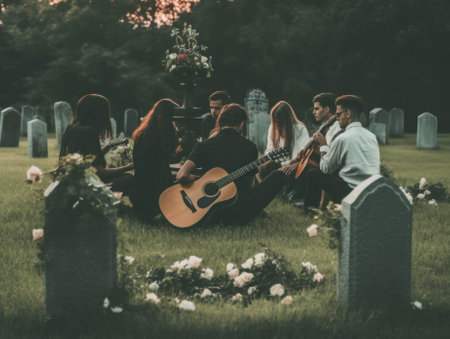 A group of people sitting in a cemetery with a guitar. Generative AI image.の素材