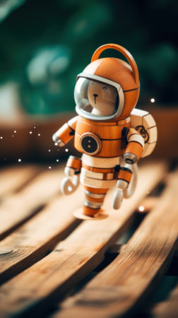A toy astronaut is flying through the air. Generative AI image.の素材