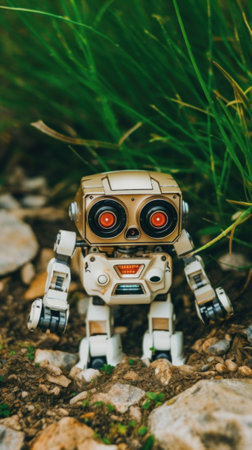 A toy robot sitting on top of a pile of rocks. Generative AI image.の素材