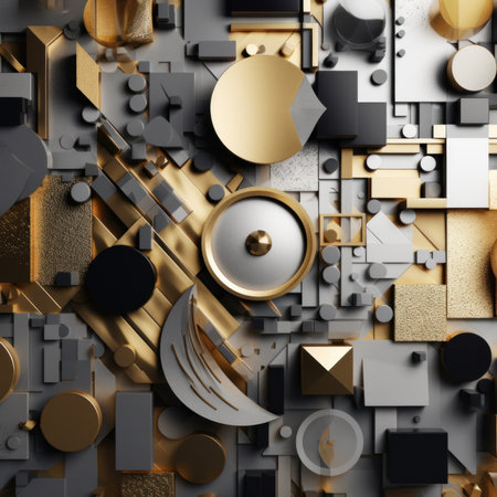 A bunch of gold and silver objects on a white surface. Generative AI image.の素材
