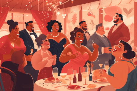 A group of people standing around a table. Generative AI image.の素材