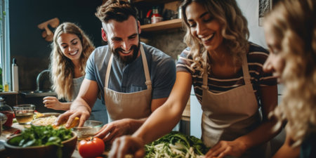 A group of people preparing food in a kitchen. Generative AI image.の素材
