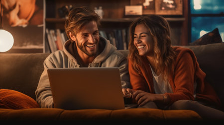 A man and a woman sitting on a couch looking at a laptop. Generative AI image.の素材