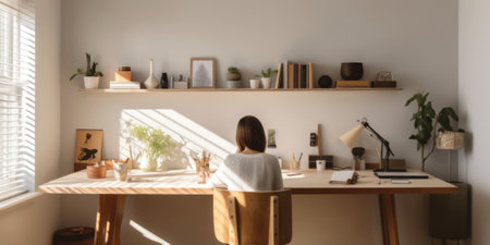 A woman sitting at a desk in front of a window. Generative AI image.の素材