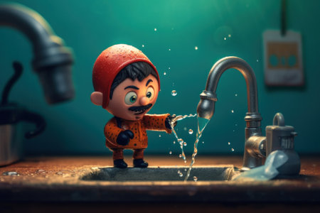 A little boy that is standing in front of a faucet. Generative AI image.の素材