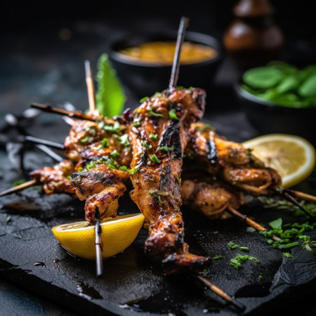 Grilled chicken skewers with lemon wedges and herbs. Generative AI image.の素材
