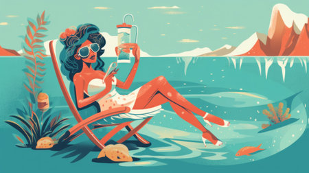 A woman sitting in a chair on the beach. Generative AI image.の素材