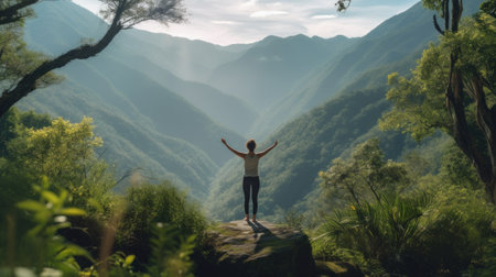 A man standing on top of a rock in the middle of a forest. Generative AI image.の素材