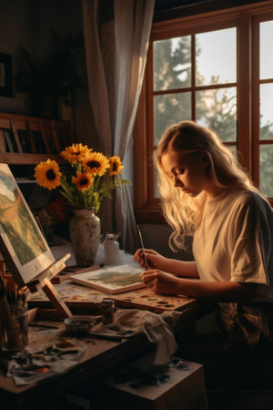 A woman sitting at a table painting a picture. Generative AI image.の素材