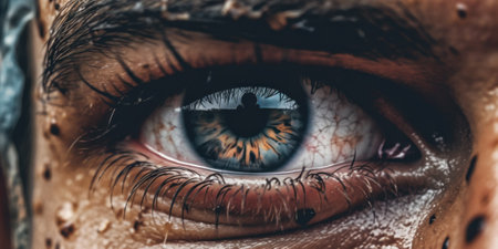 A close up of a persons eye with water on it. Generative AI image.の素材