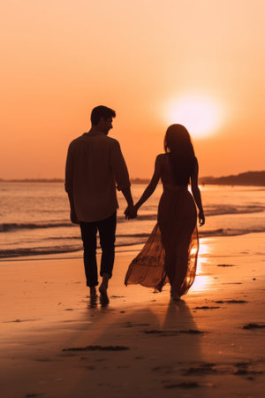 A man and a woman walking on a beach at sunset. Generative AI image.の素材