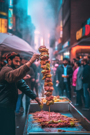 A man is cooking food on a grill in the street. Generative AI image.の素材