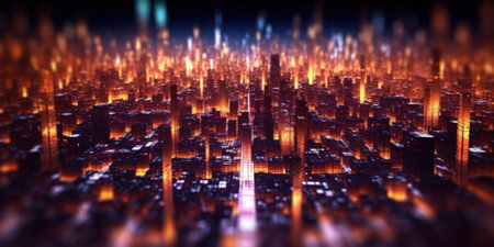 A city at night with a lot of tall buildings. Generative AI image.の素材