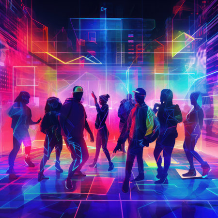 A group of people walking across a street at night. Generative AI image.の素材