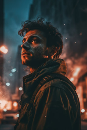 A man standing in the middle of a street at night. Generative AI image.の素材
