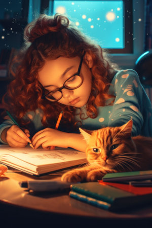 A little girl is sitting at a table with a cat. Generative AI image.の素材