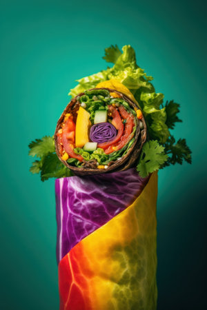 A colorful wrap filled with vegetables and lettuce. Generative AI image.の素材
