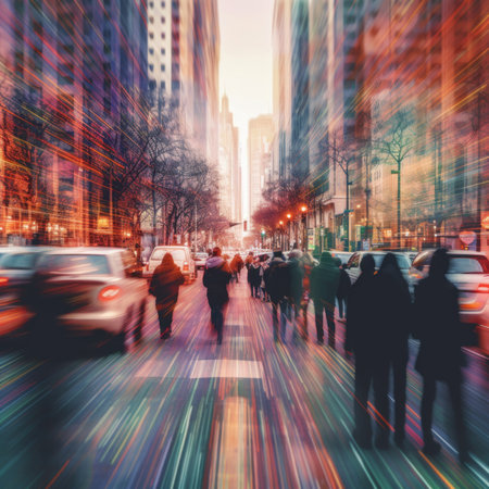 A blurry photo of a busy city street. Generative AI image.の素材