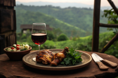 A plate of food and a glass of wine on a table. Generative AI image.の素材