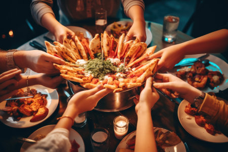 A group of people holding their hands over a platter of food. Generative AI image.の素材
