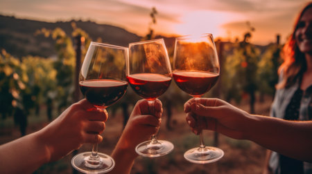 A group of people holding up wine glasses. Generative AI image.の素材