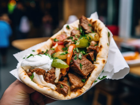 A hand holding a pita filled with meat and vegetables. Generative AI image.の素材