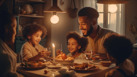 A group of people sitting around a dinner table. Generative AI image.の素材