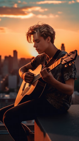 A person sitting on a ledge playing a guitar. Generative AI image.の素材