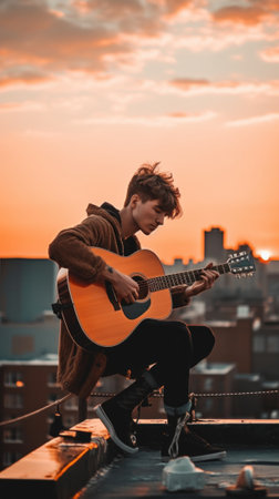 A man sitting on top of a building playing a guitar. Generative AI image.の素材