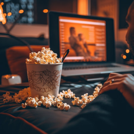 A man sitting in front of a laptop with popcorn in front of him. Generative AI image.の素材