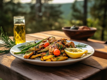 A plate of food on a table with a glass of beer. Generative AI image.の素材