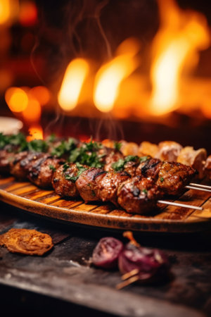 A plate of meat on a grill with a fire in the background. Generative AI image.の素材