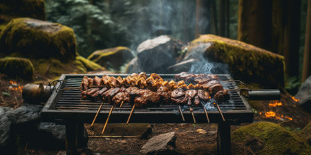 A grill with skewered meat on it in the woods. Generative AI image.の素材