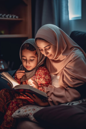 A mother and daughter reading a book together. Generative AI image.の素材