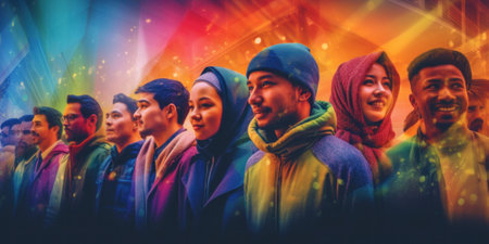 A group of people standing next to each other. Generative AI image.の素材