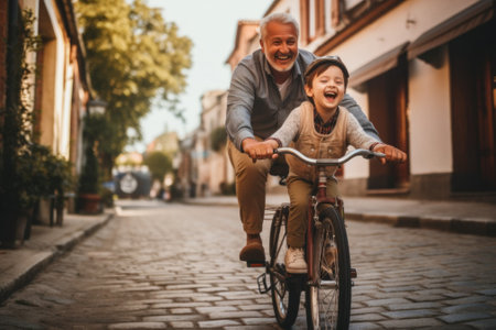 A man riding a bike with a little boy on it. Generative AI image.の素材