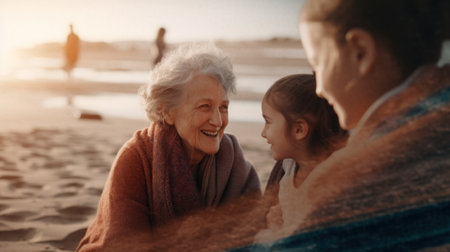 An older woman sitting next to a little girl on a beach. Generative AI image.の素材