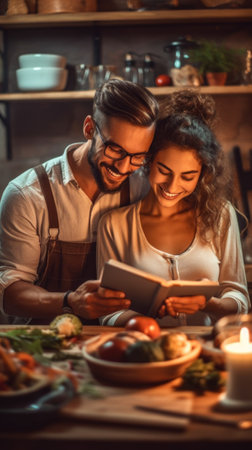 A man and a woman are looking at a tablet. Generative AI image.の素材