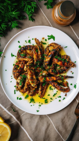 A white plate topped with chicken covered in sauce. Generative AI image.の素材