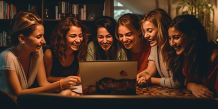 A group of women sitting around a laptop computer. Generative AI image.の素材