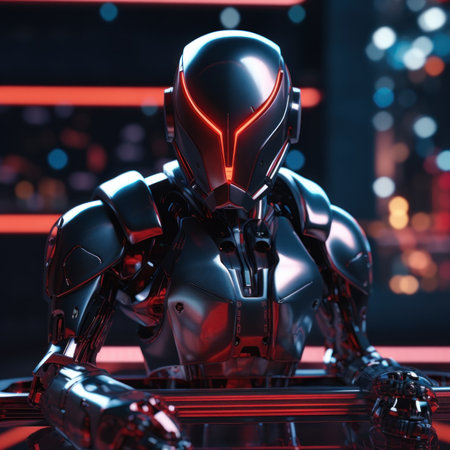 A close up of a robot on a table. Generative AI image.の素材