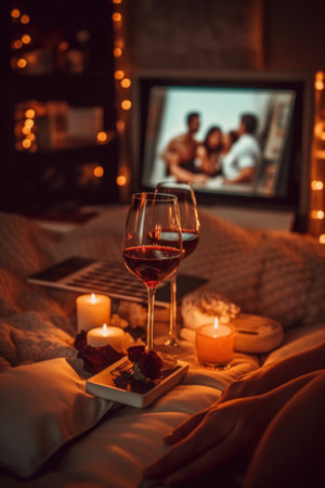 A glass of wine sitting on top of a bed. Generative AI image.の素材