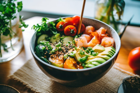 A bowl of food with chopsticks in it. Generative AI image.の素材