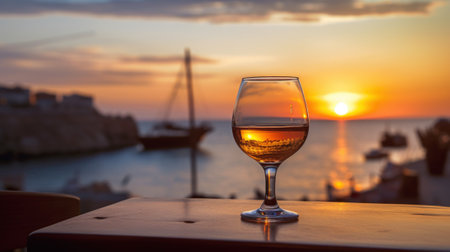 A glass of wine sitting on top of a wooden table. Generative AI image.の素材